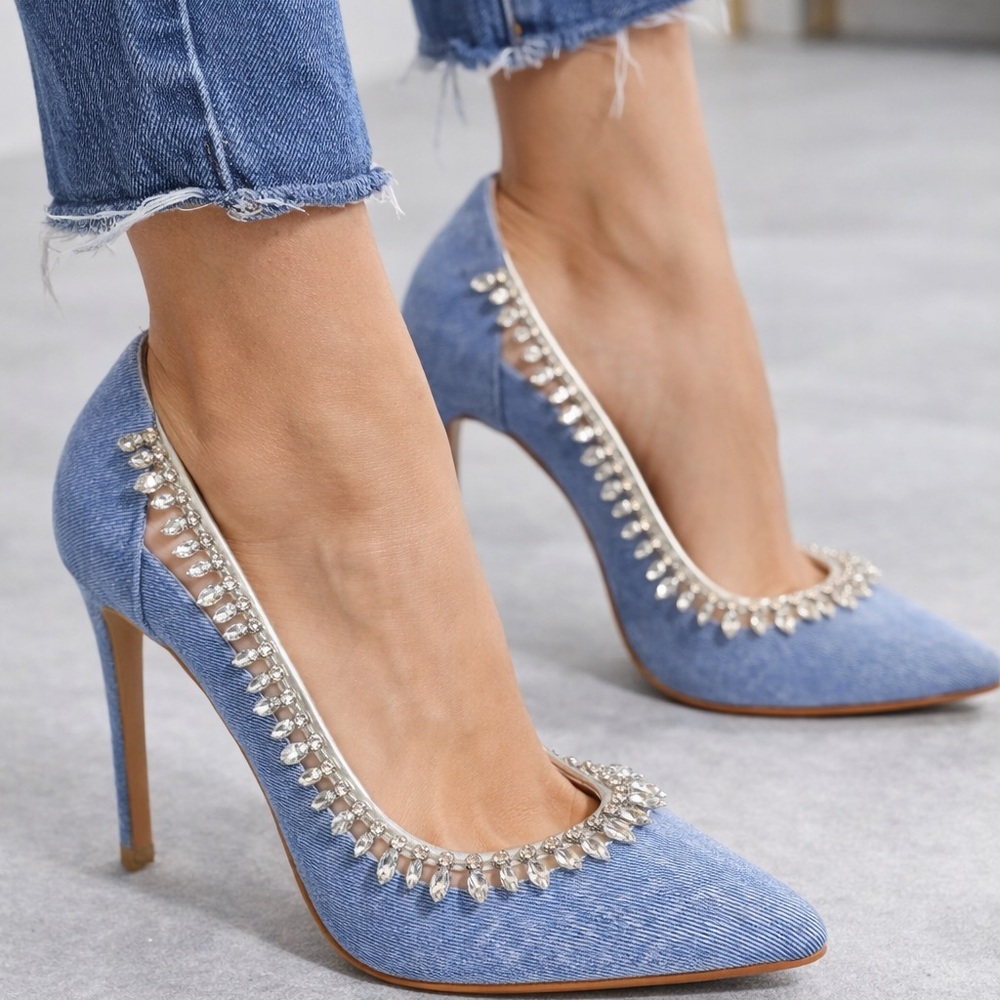 Kandee Denim Rhinestone Pumps Heels Size 39 (US 8.5) - Picture 10 of 10